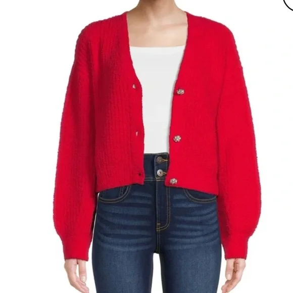 NO BOUNDARIES Red Rhinestone Button Cardigan Sweater XS - Picture 5 of 12